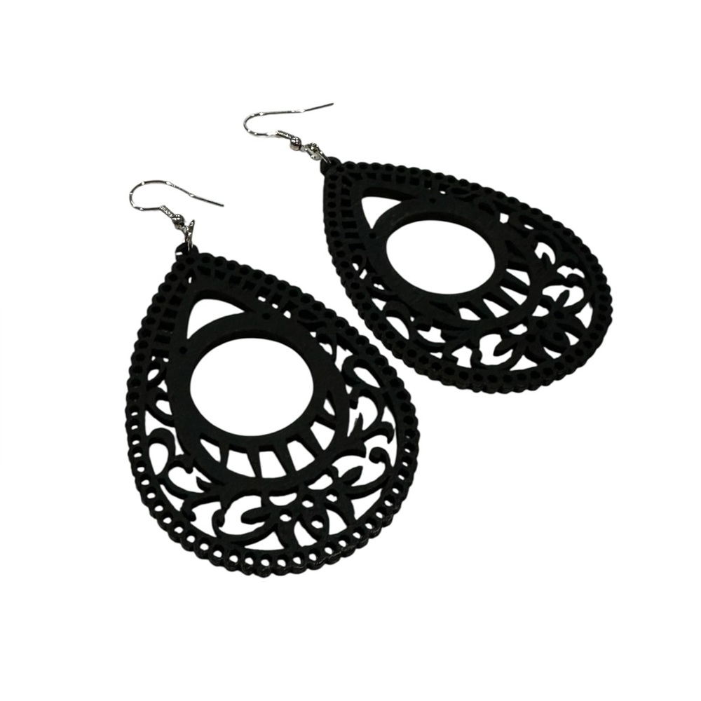Boho Black Cut Wood Design Teardrop Drop Earrings